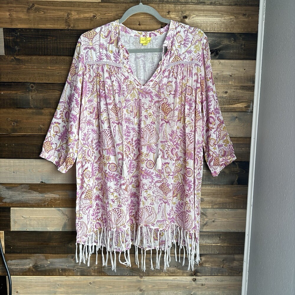 Roberta Roller Rabbit Women Cotton Paisley Floral Fringe Tunic XXS Pink Relaxed